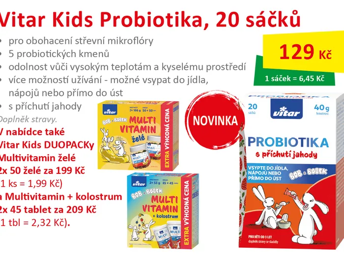 Vitar Kids Probiotika. Zobrazená akční cena 129 Kč.